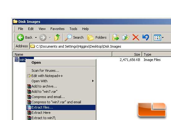 Extracting the Windows 7 install files to the USB key step 1