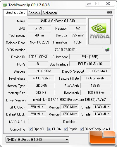 PNY Verto GeForce GT 240 GPUz Main PNY Verto GeForce GT 240 GPUz Main
