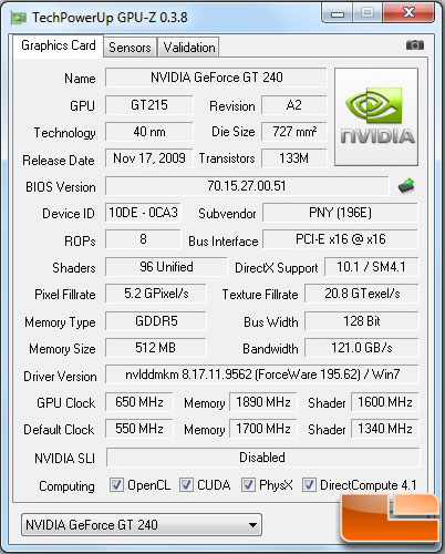 PNY VERTO GeForce GT 240 GPUz Overclocked PNY VERTO GeForce GT 240 GPUz Overclocked