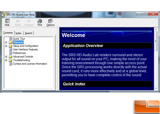 SRS Labs HD Audio Lab Help Menu
