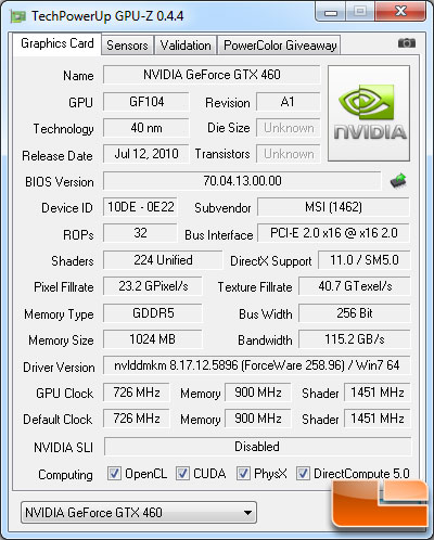 MSI GeForce GTX 460 1GB Cyclone GPU-Z 0.4.4 Details