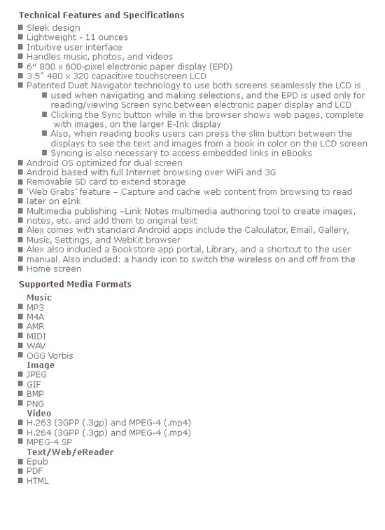 Spring Design Alex eReader technical specs