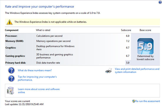 Acer Aspire 7551G Windows Performance Index