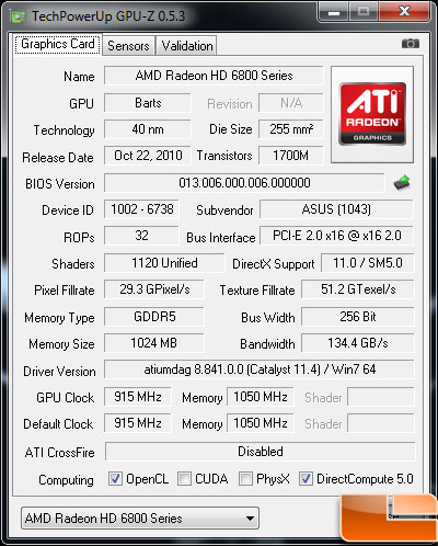 Asus Radeon HD 6870 Video Card GPUZ
