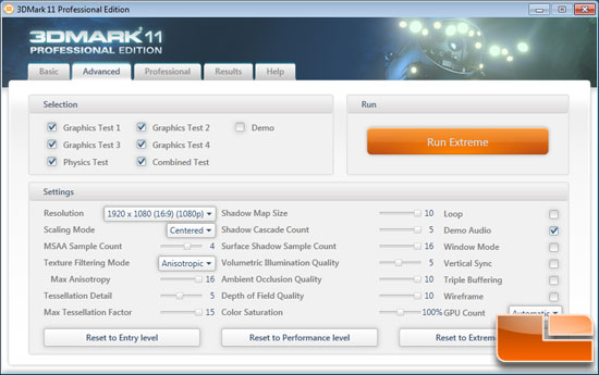 Futuremark 3DMark 11 Benchmark Settings