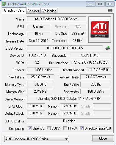AMD Radeon HD 6950 GPU-Z Details