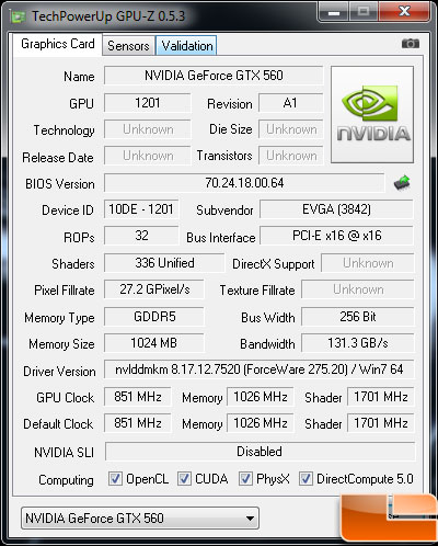 EVGA GeForce GXT 560 SC Video Card GPUZ