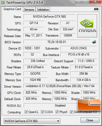 ASUS GTX 560 top GPU-z details