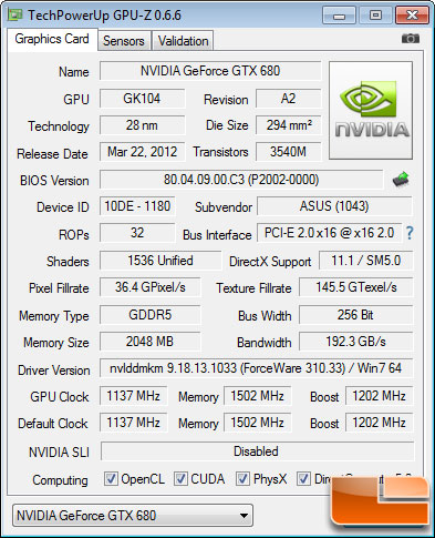 ASUS GeForce GTX 680 DirectCU II TOP GPU-Z