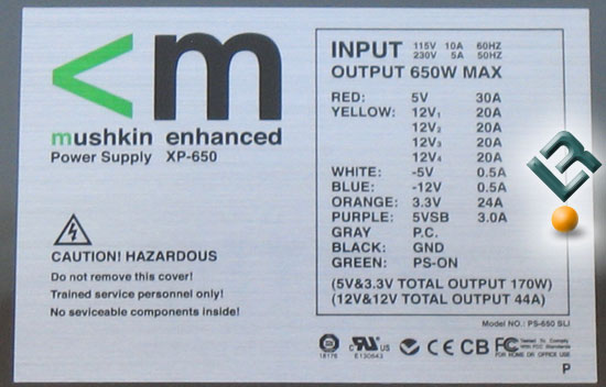 The Mushkin eXtreme XP-650 650W PSU Label