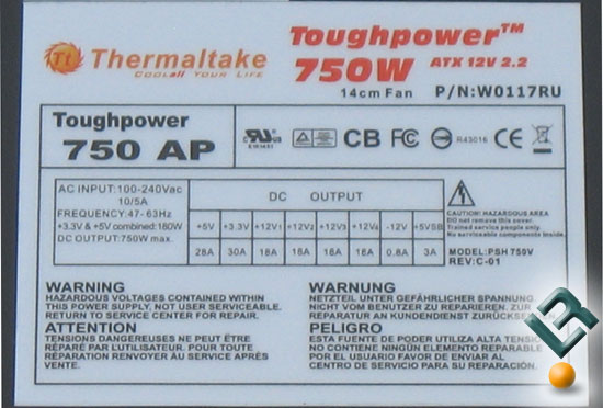 The Thermaltake ToughPower 750W PSU Label