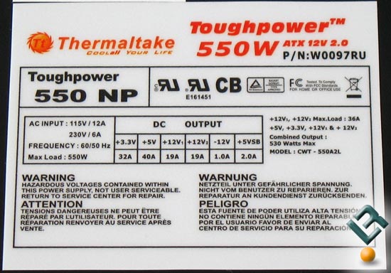The Thermaltake ToughPower 550 PSU Label