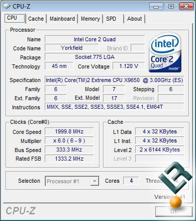 Intel QX9650 on CPU-Z