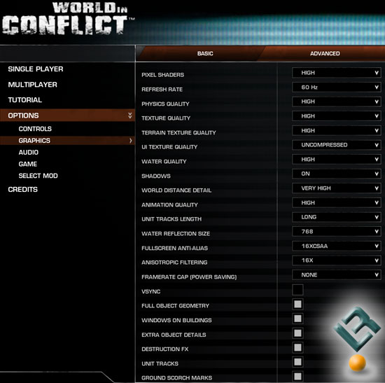 World in Conflict Benchmark Settings