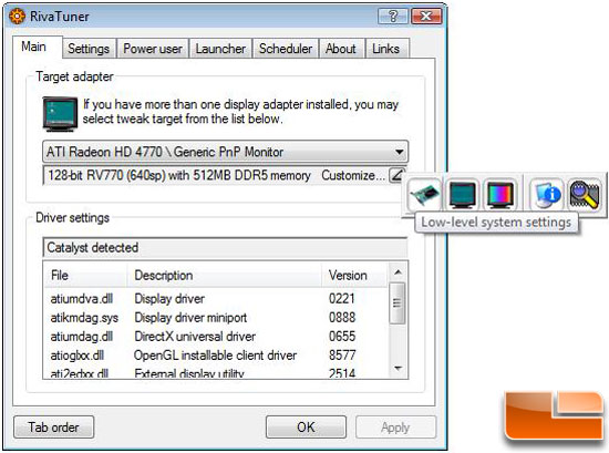 ATI Radeon HD 4770 512MB running RivaTuner v2.24