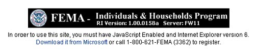FEMA site requires IE 6.0 to file for aid