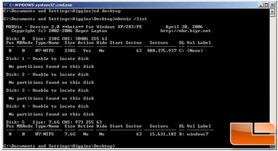 Install Windows 7 from a USB Key XP drive prep step 5