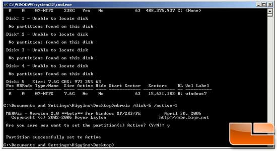 Install Windows 7 from a USB Key XP drive prep step 6