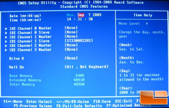 Gigabyte P55 BIOS Standard Time and Date