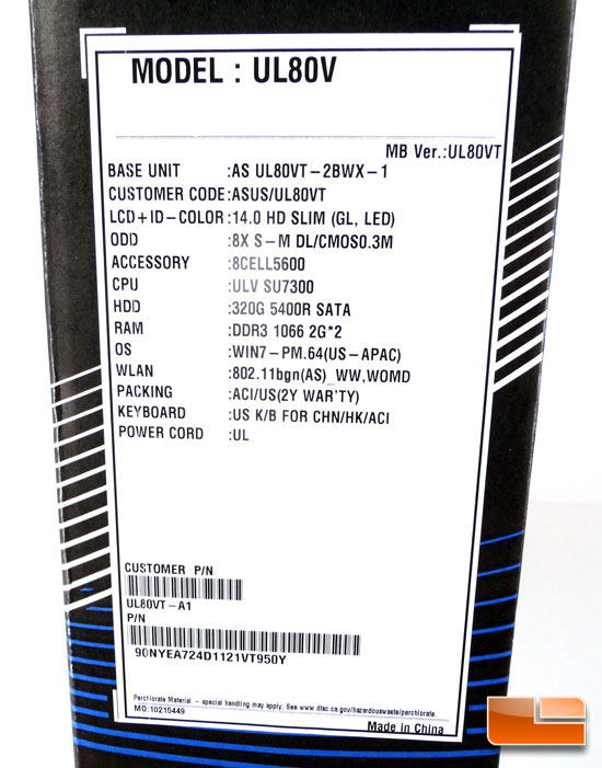 ASUS UL80V Box Label
