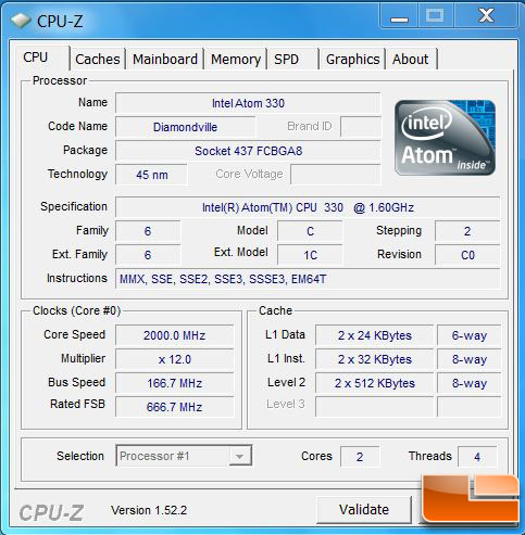 The Zotac IONITX-A-U Atom 330 CPUz Readout