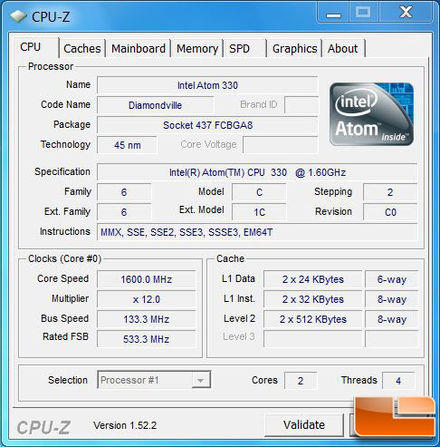 The Zotac IONITX-A-U Atom 330 CPUz Readout