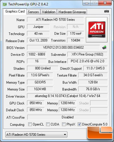 Stock XFX Radeon HD 5770 GPUz Screenshot