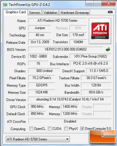 Overclocked XFX Radeon HD 5770 GPUz Screenshot
