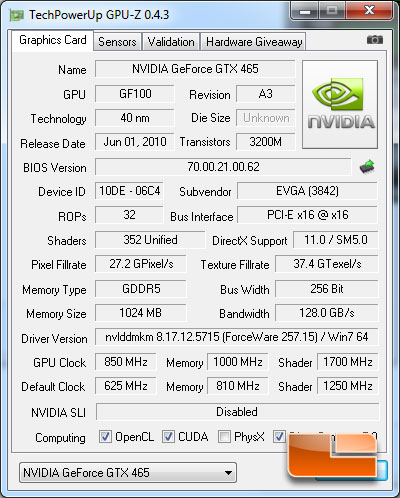 EVGA GeForce GTX 465 CPUz