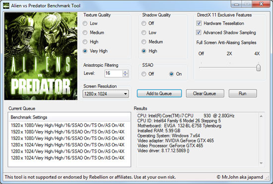 Aliens Vs. Predator Benchmark Settings