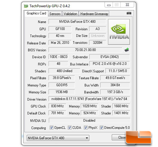 nVidia GTX480 830Mhz GPUz