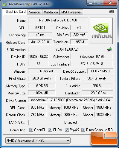 ECS GeForce GTX 460 1GB Overclocked GPU-Z