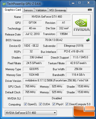 ECS GeForce GTX 460 1GB Black GPU-Z