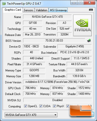 GIGABYTE GeForce GTX 470 Super Overclock Edition GPUZ
