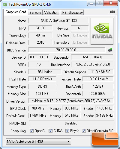 ASUS ENGT430 NVIDIA GeForce GT 430 1GB GPU-Z