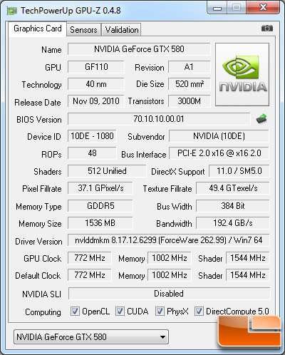 NVIDIA GeForce GTX 580 Video Card GPU-Z 0.4.8 Details