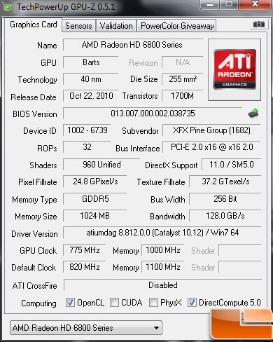 XFX Radeon HD 6850 Video Card GPUZ