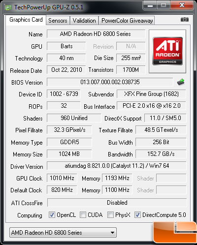 XFX Radeon HD 6850 Video Card Gpu-Z overclock