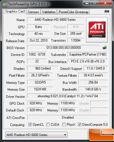 Sapphire Radeon HD 6850 Toxic Video Card GPUZ