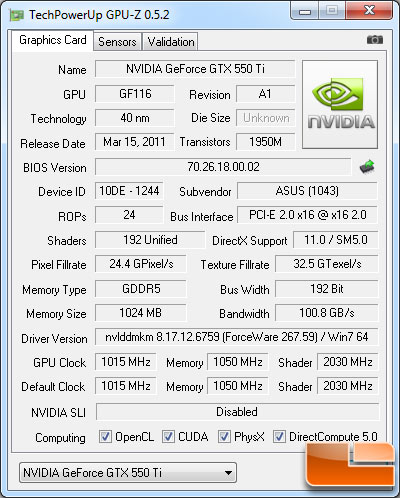 ASUS GeForce GTX 550-Ti Video Card GPU-Z 0.5.2 Details
