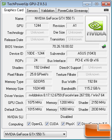 ASUS GeForce GTX 550-Ti Video Card Overclocked