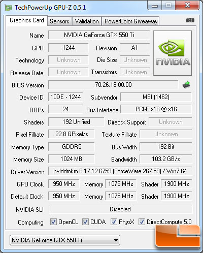 MSI GeForce GTX 550 Ti OC Video Card GPU-Z 0.5.1 Details