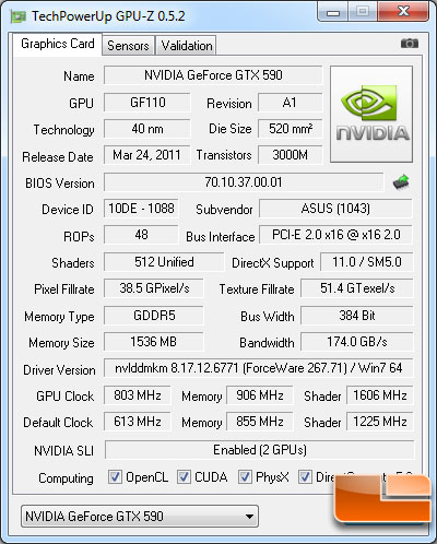 ASUS GeForce GTX590 Video Card GPU-Z 0.5.2 Details