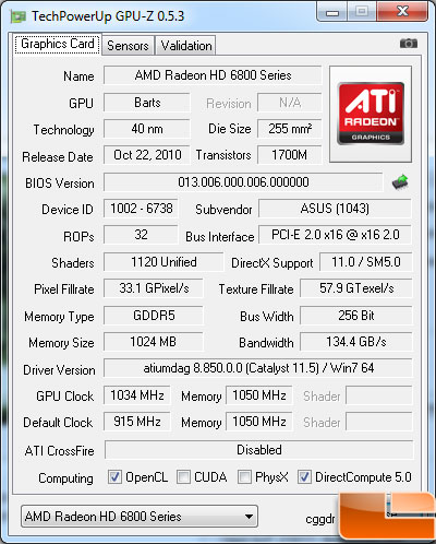 Asus Radeon HD 6870 Video Card Gpu-Z overclock