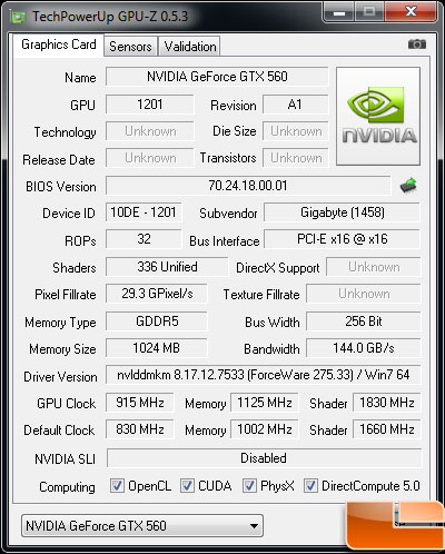 Gigabyte GeForce GTX 560 OC Video Card Gpu-Z overclock