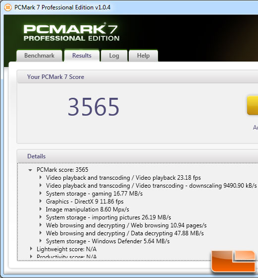 Intel Pentium G620 PCMark 7 Benchmark Results