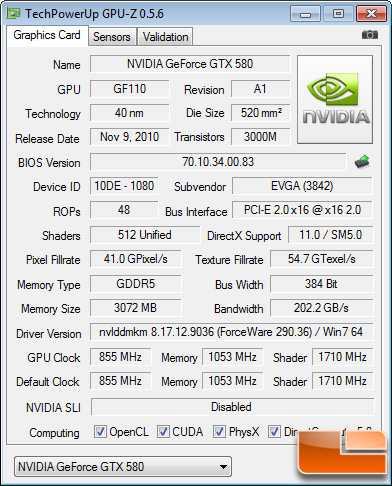 EVGA GeForce GTX 580 Classified 3072MB Test Settings