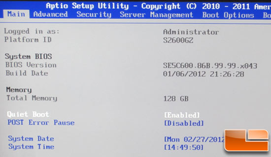 Intel Grizly Pass BIOS - Main Screen