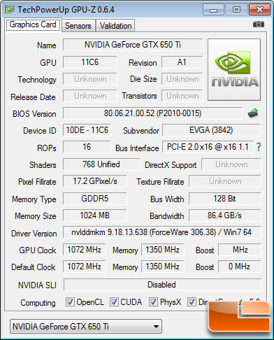 EVGA GeForce GTX 650 Ti 1GB Superclocked GPU-Z