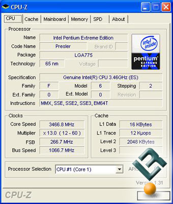A CPU-Z Shot of the Intel 955 Processor